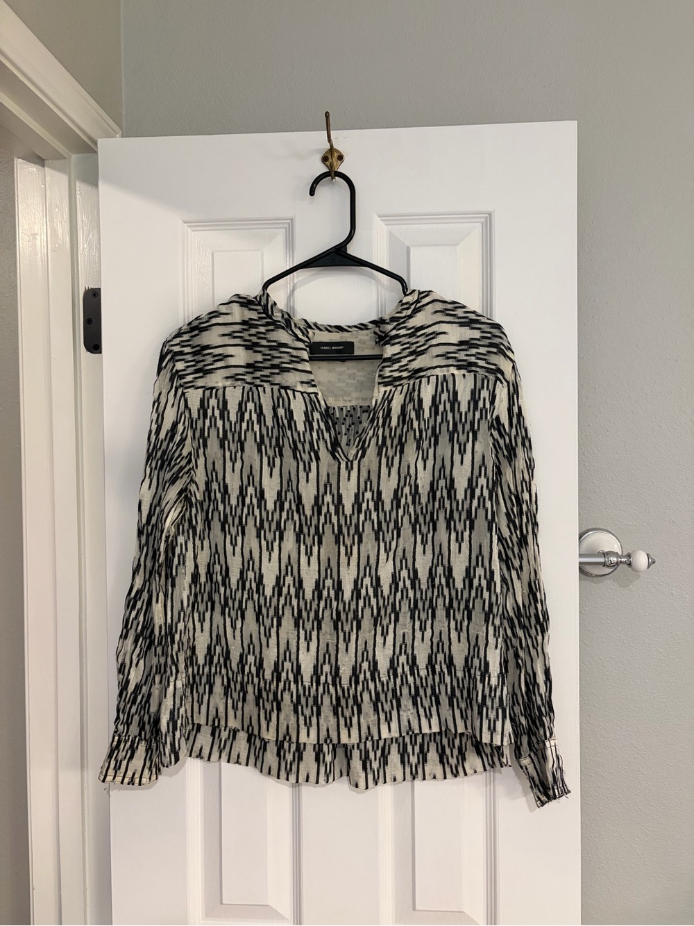 Isabel Marant Zigzag Graphic Blouse Black White Split Neck XS FR 34